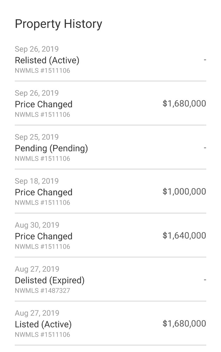Redfin Property History showing the price changes